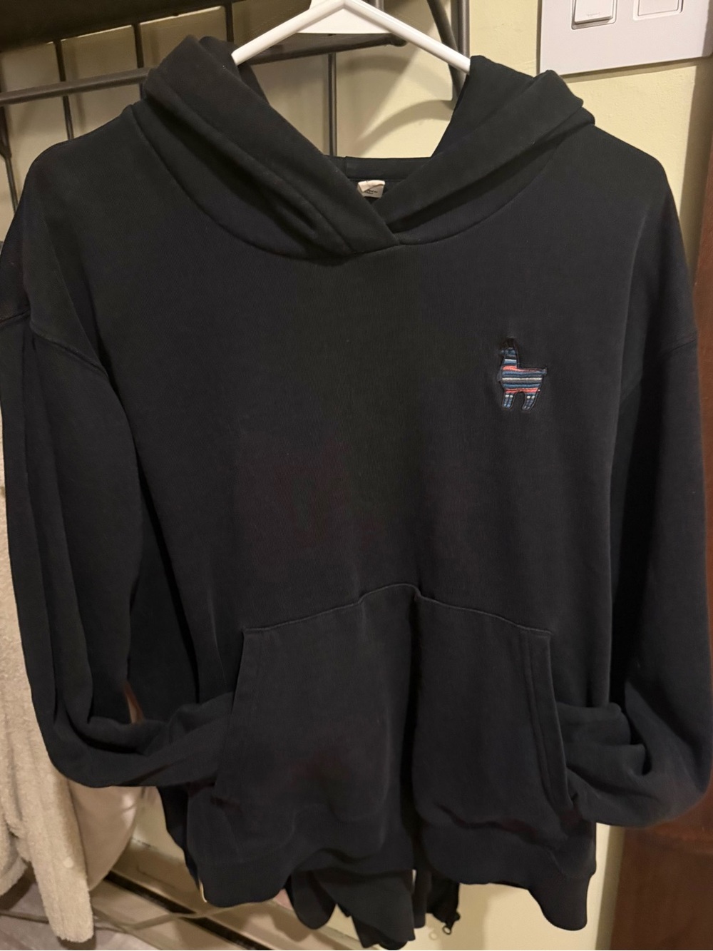 tentree Black Crewneck Hoodie with Multicolor Llama Patch